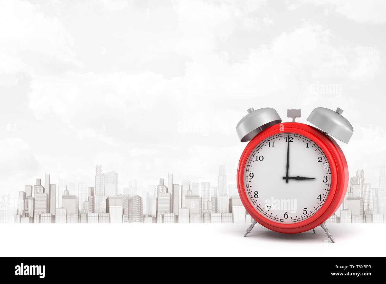 3d rendering or red alarm clock with city skyscrapers on white ...