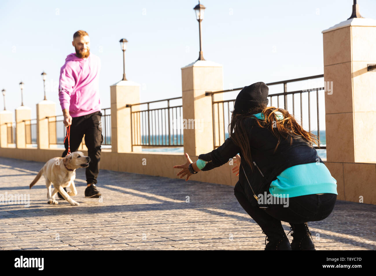 Attractive young couple playing at the beach with their dog Stock Photo ...