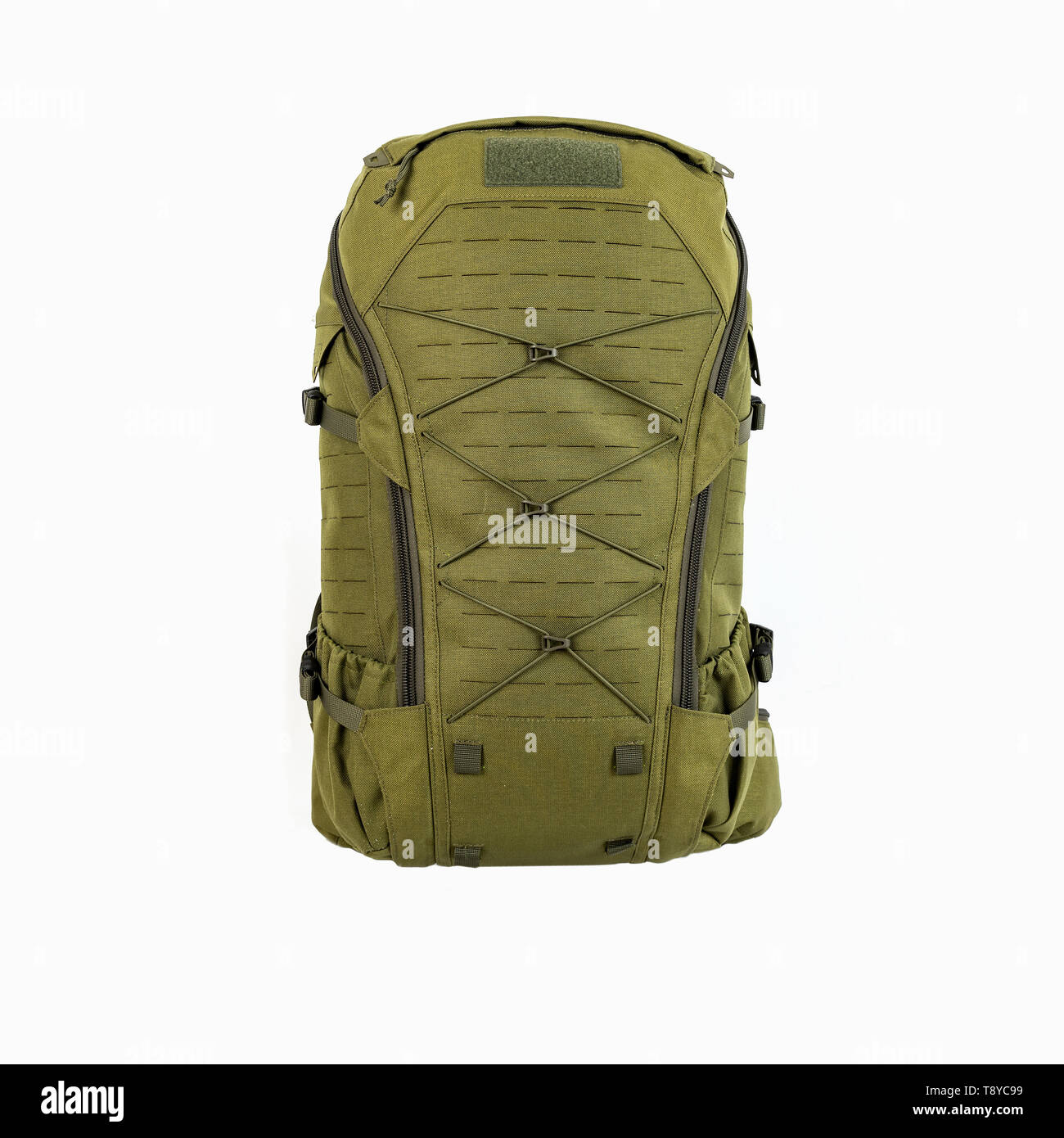 green hiking backpack for hunters camouflage with side pockets on a white  background Stock Photo - Alamy