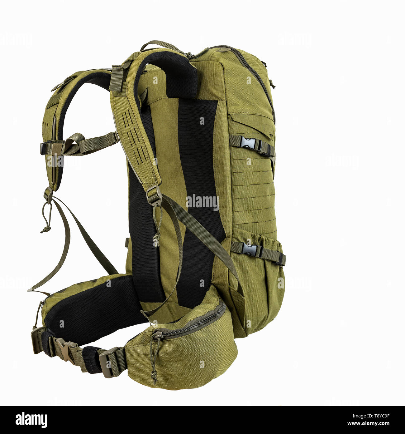 green hiking backpack for hunters camouflage with side pockets on a white background, Stock Photo