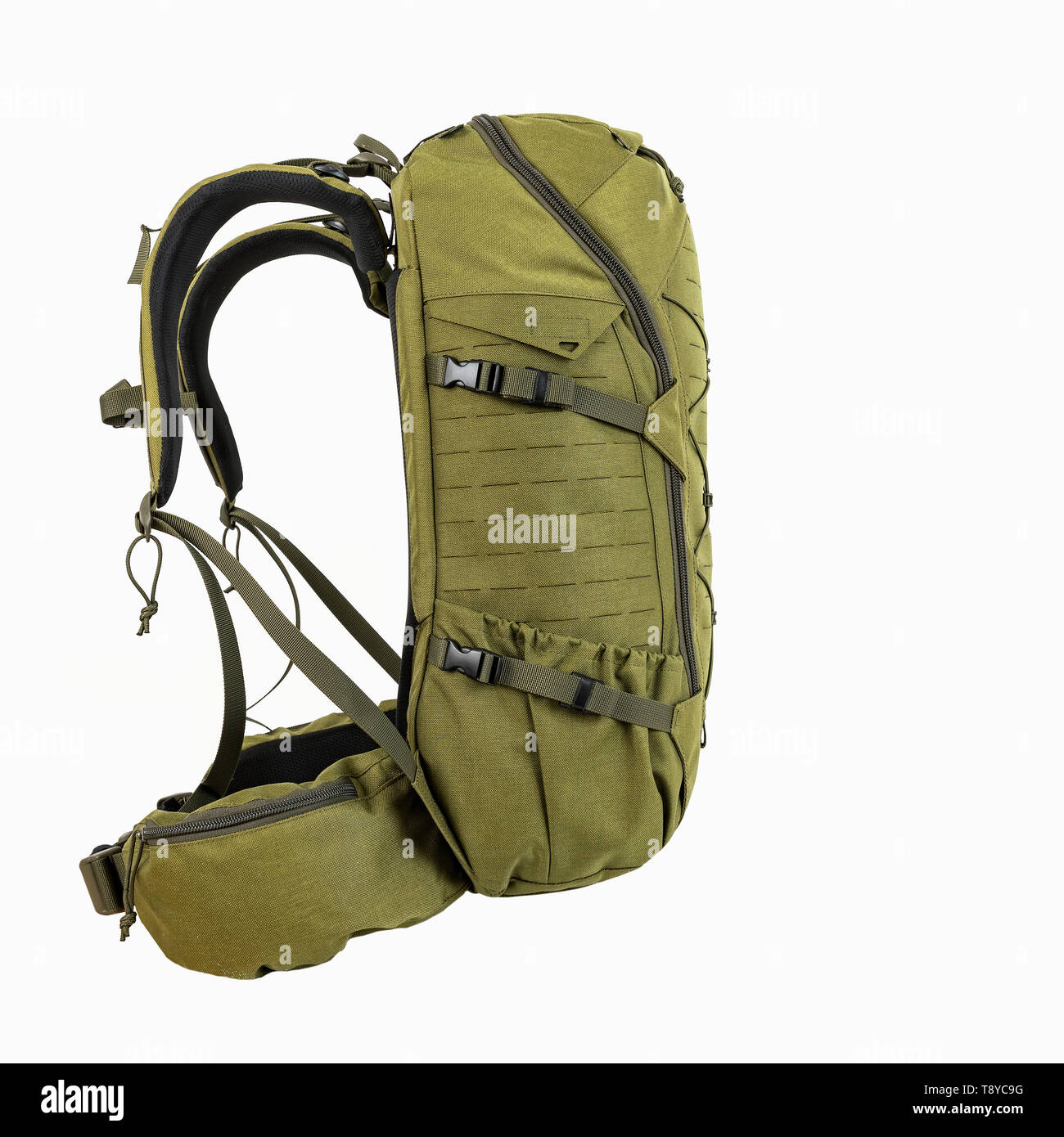 green hiking backpack for hunters camouflage with side pockets on a white background, Stock Photo