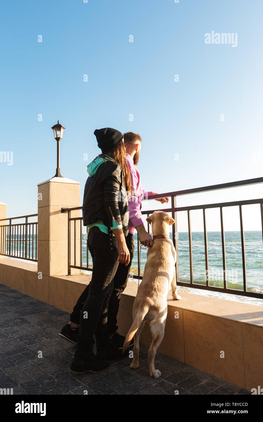 Attractive young couple walking at the beach with their dog Stock Photo ...