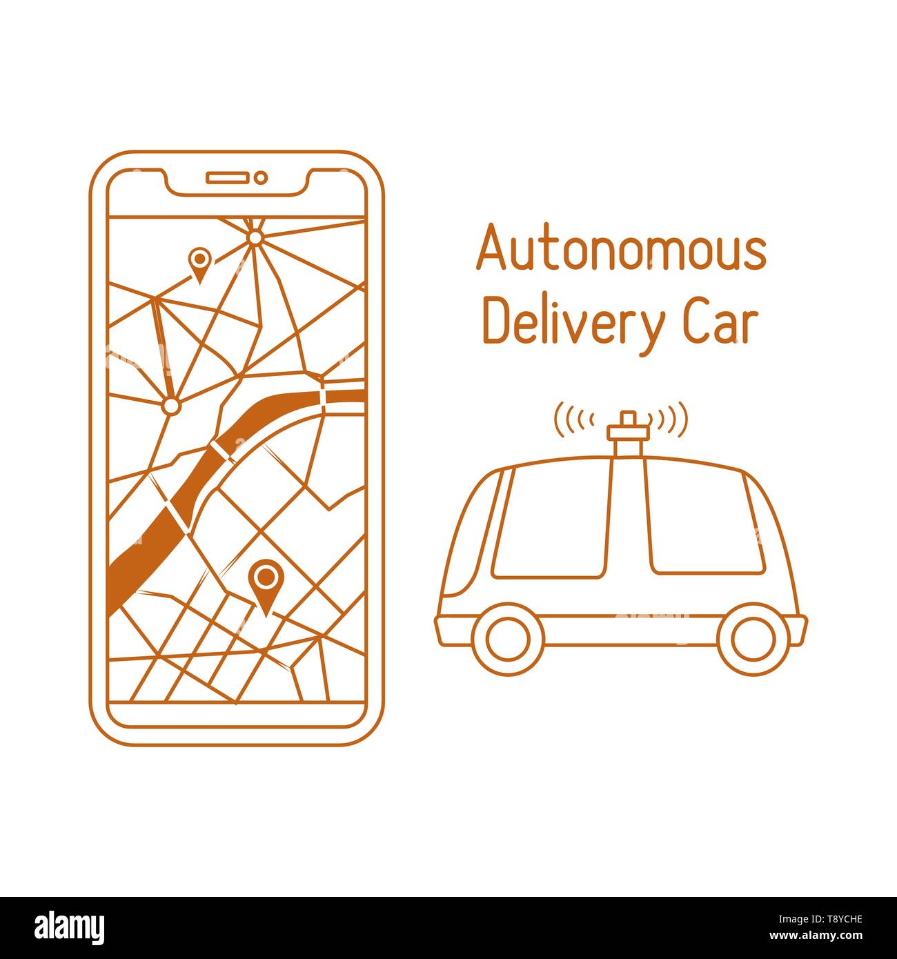 Vector illustration with self-driving car, automated car, autonomous vehicle,  driverless car. Navigation, remote control, tracking transport. Order i Stock Vector