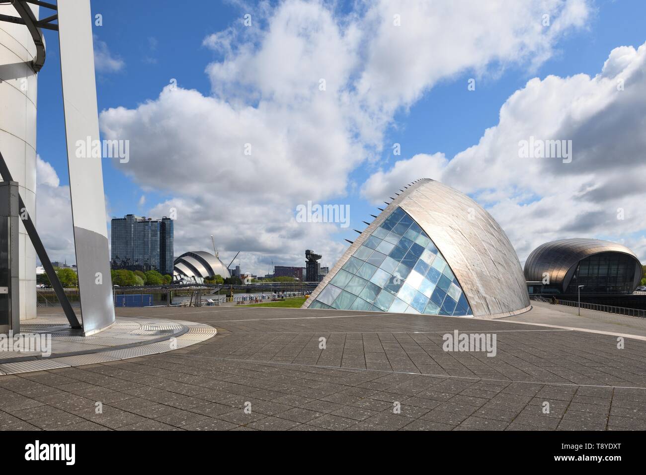 A riverside view of science centre, imax theatre, armadillo, and Finnieston crane from the bottom of the Glasgow Tower platform, in Scotland, UK Stock Photo