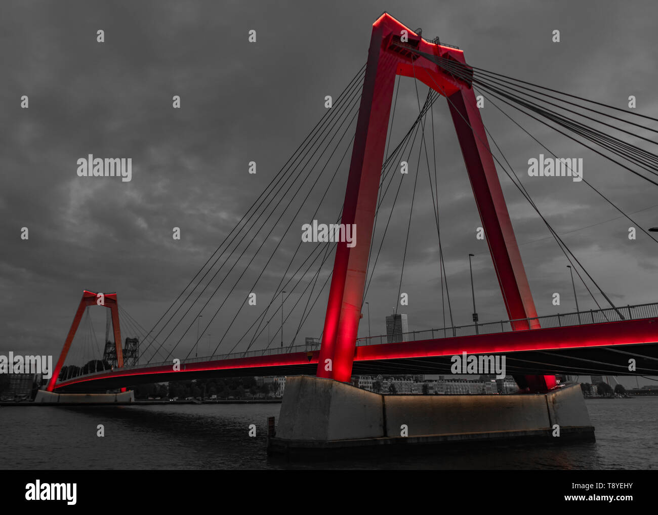 Willemsbrug bridge Rotterdam - cable-stayed bridge by C. Veerling - red bridge Rotterdam over the Nieuwe Maas river Stock Photo