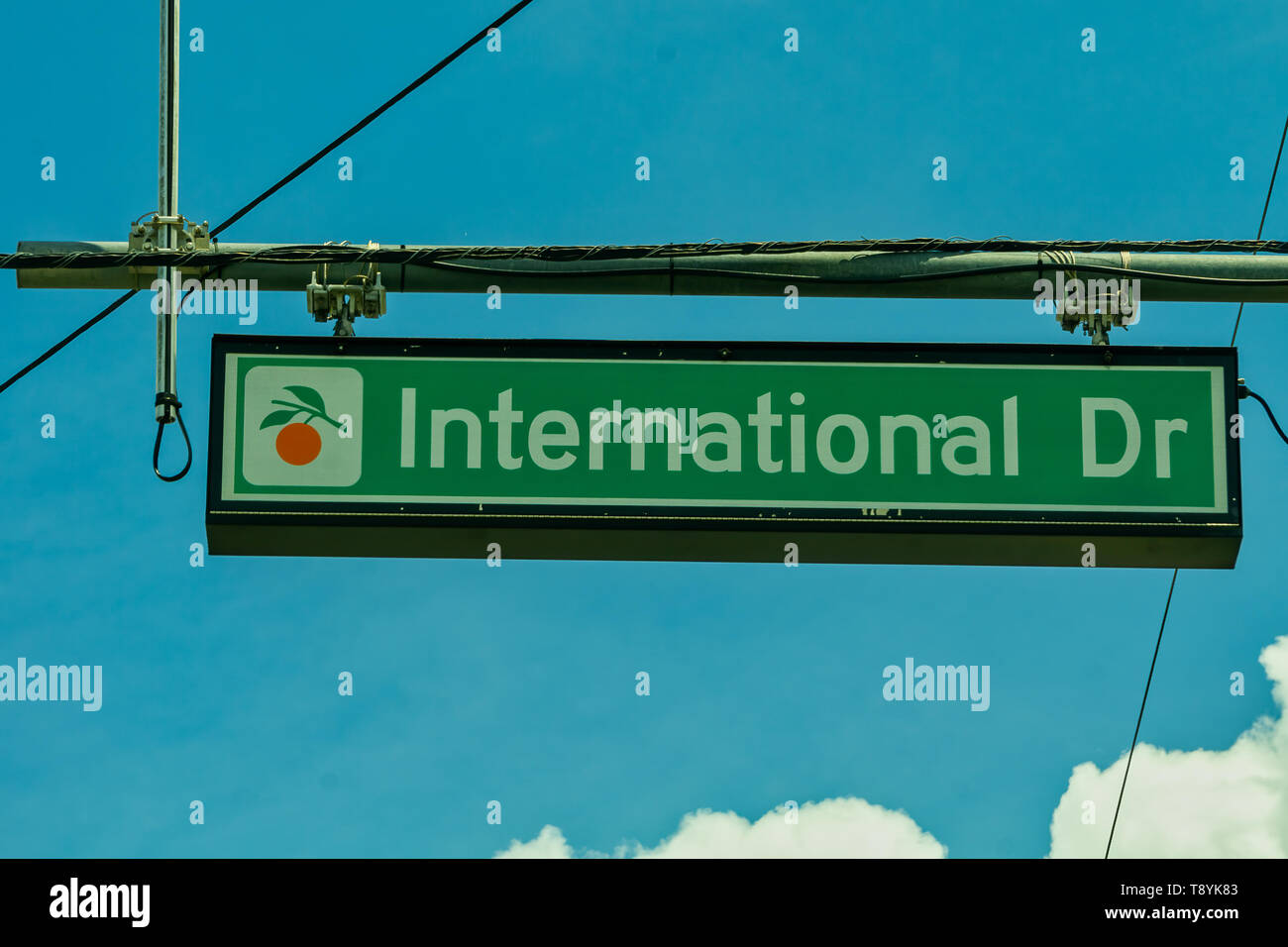ORLANDO, USA. 8TH MAY 2019: Overhead road sign indicating International Drive Stock Photo