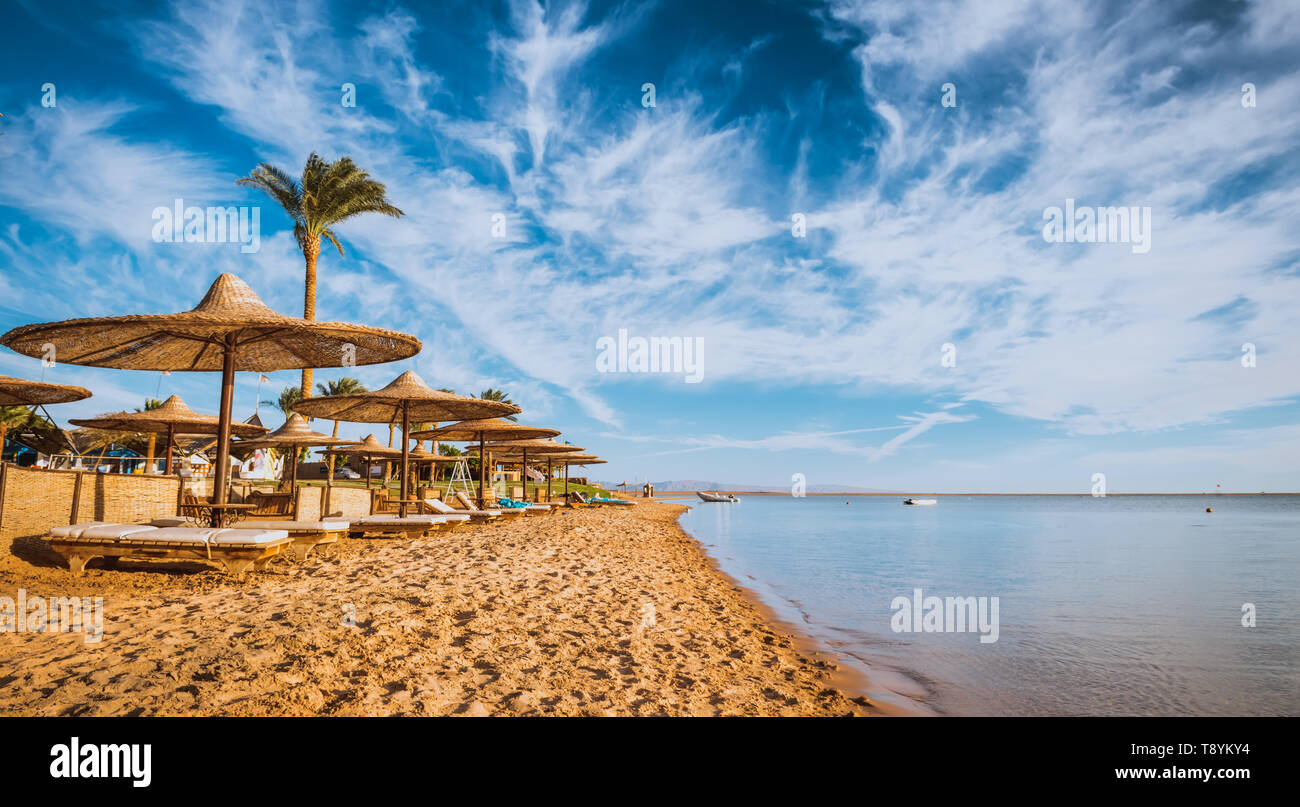 Relax under parasol on the beach of Red Sea, Egypt Stock Photo