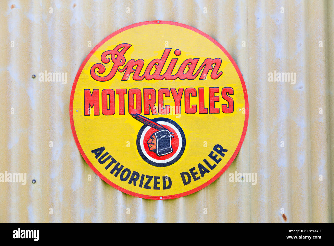 Reproduction vintage advertising sign for Indian Motorcycles. Stock Photo