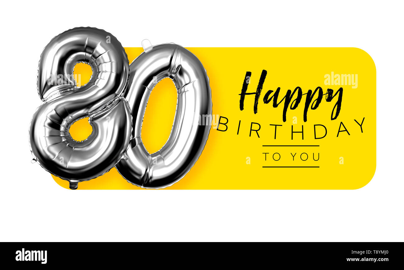 Happy 80th birthday yellow greeting background. 3D Rendering Stock Photo