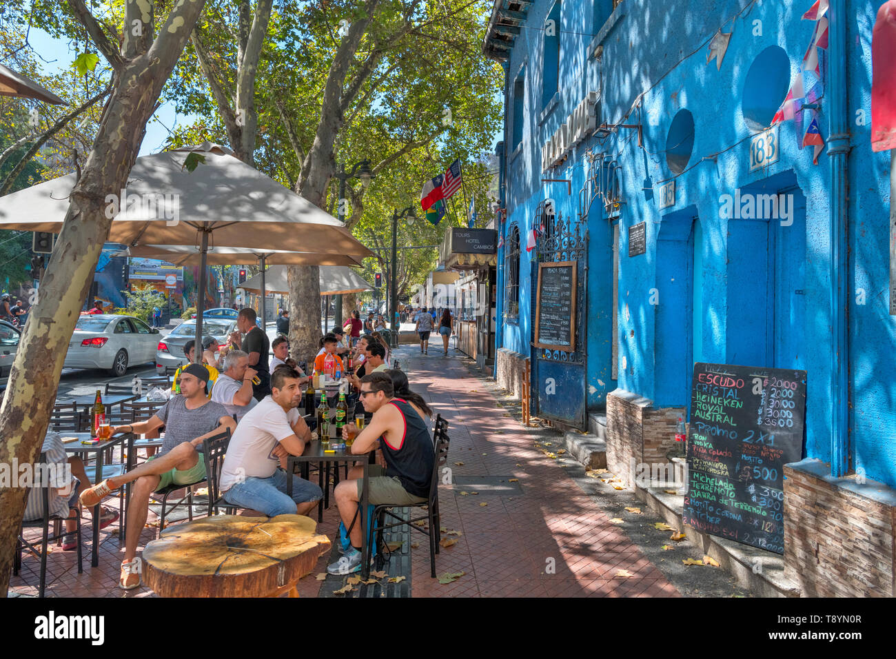 Santiago, Bellavista. Typical local cafes and bars on Pio Nono Street, Barrio Bellavista, Santiago, Chile, South America Stock Photo