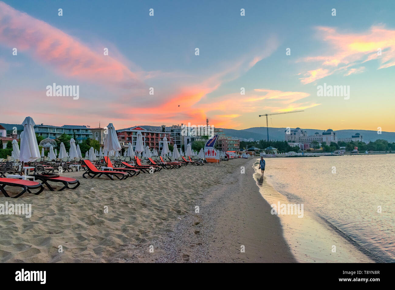 Sunny Beach, Bulgaria - 4 Sep 2018: Sunny Beach coastline at sunrise, a major seaside resort on the Black Sea coast of Bulgaria. Stock Photo