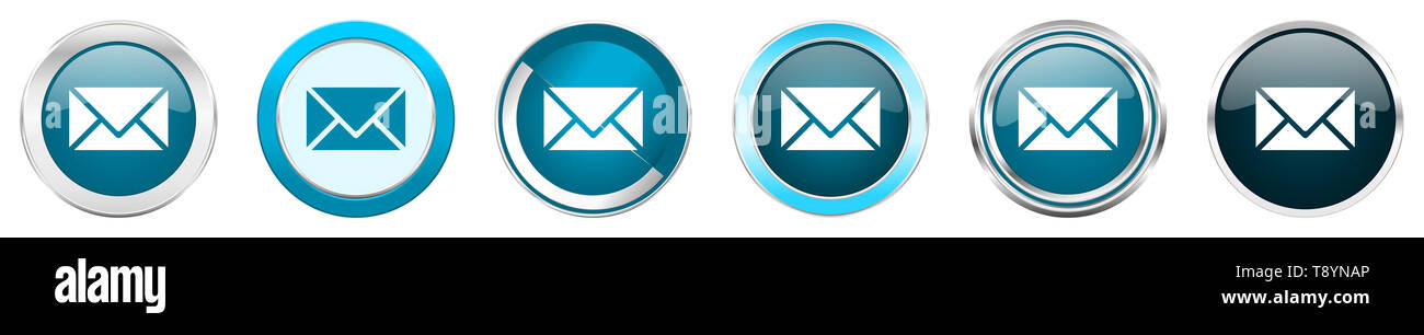 Email silver metallic chrome border icons in 6 options, set of web blue ...