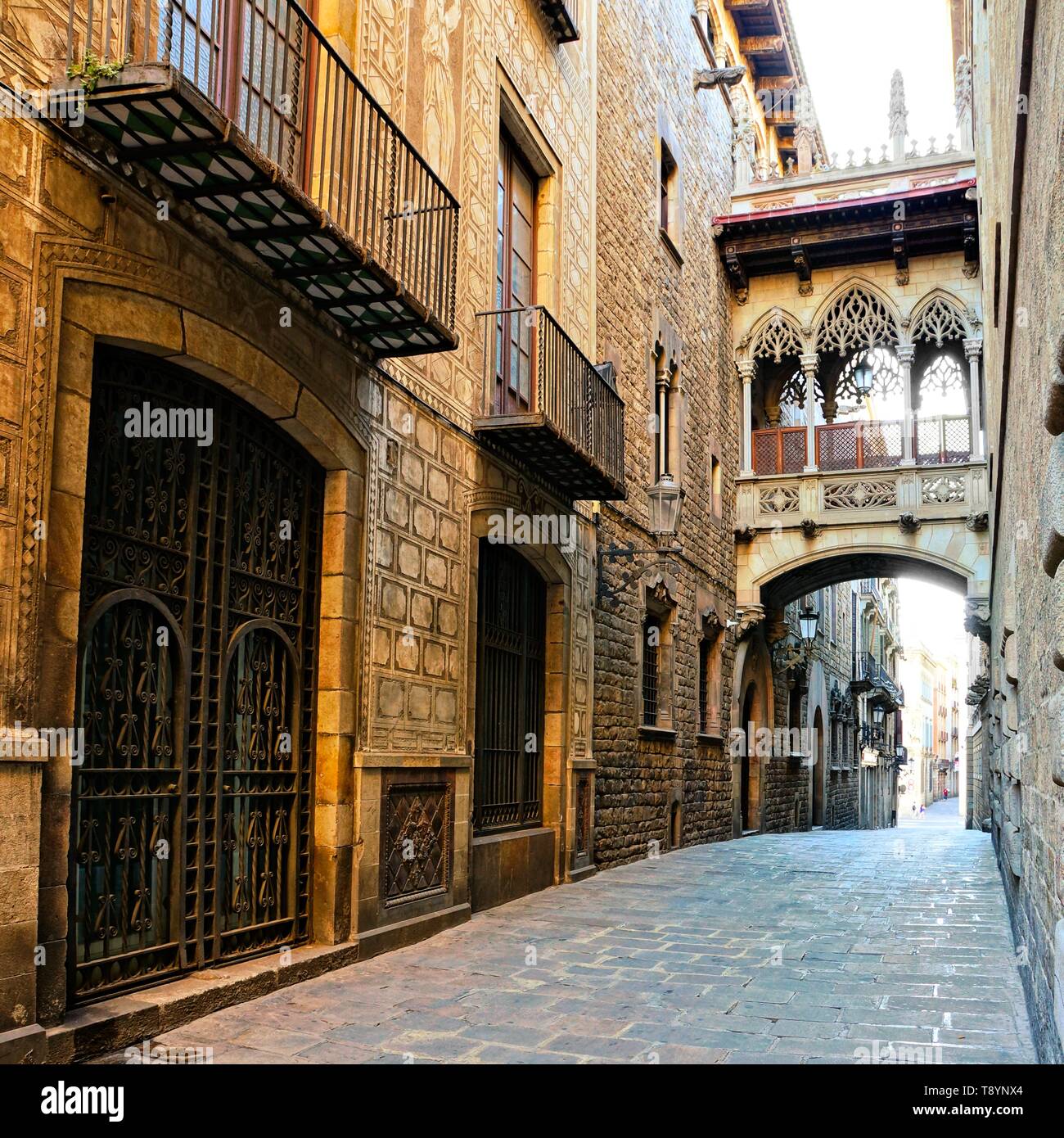 Beautiful covered bridge in the Gothic Quarter of old Barcelona, Spain Stock Photo