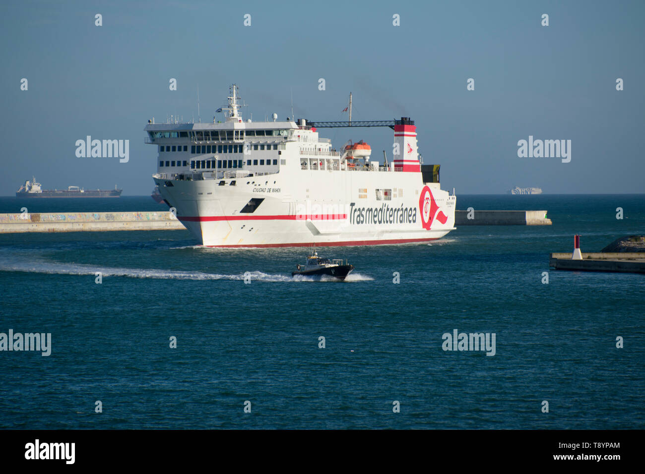 Ferry Ciudad de Mahón entering the port of Barcelona. Stock Photo