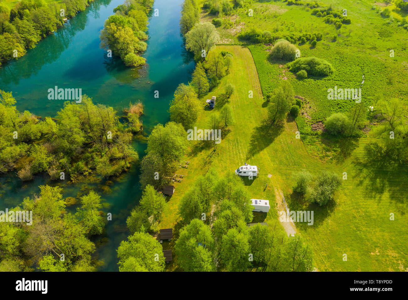 Camping on river - Croatian countryside landscape, beautiful green ...