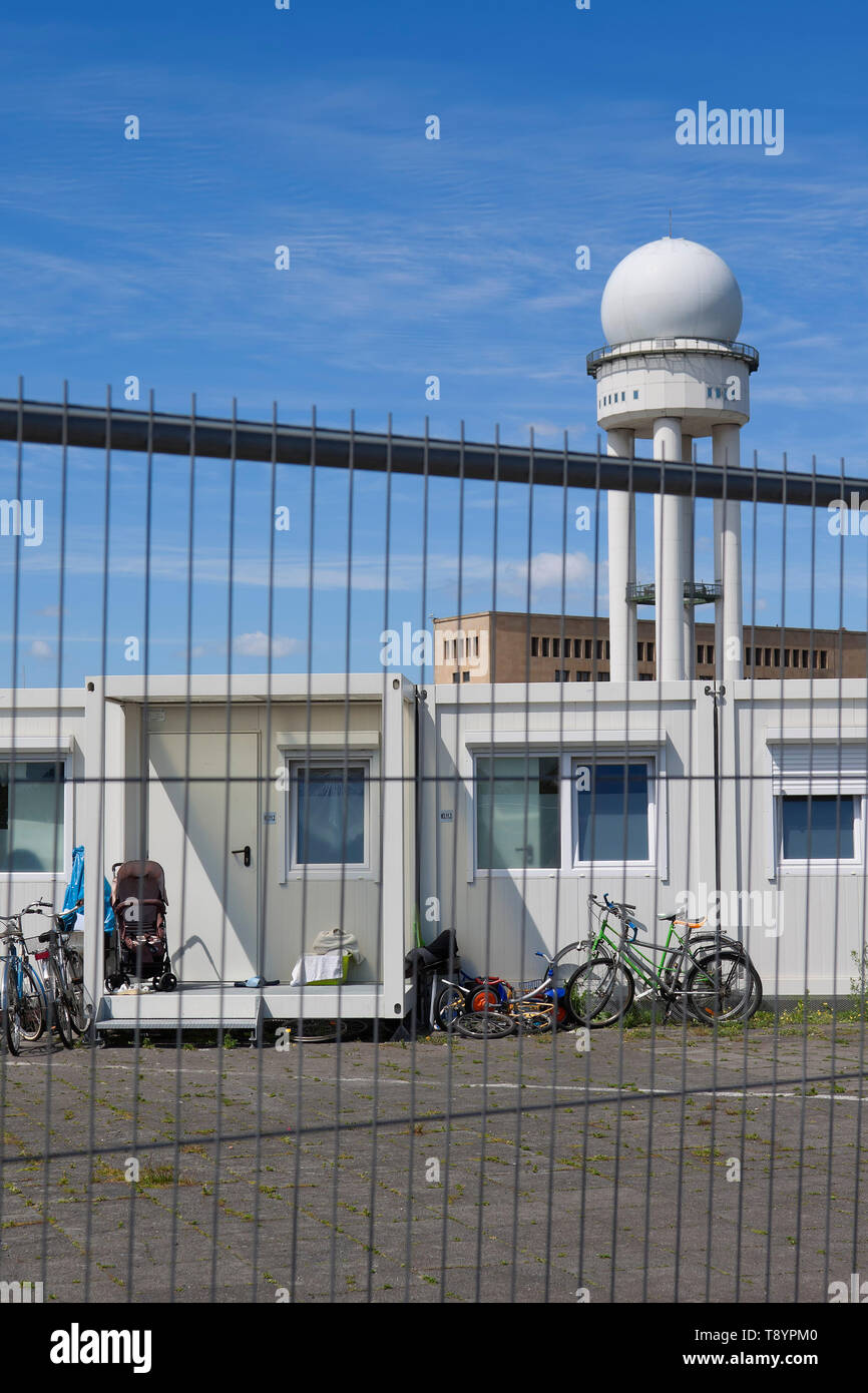 Tempohome, container village for refugees on the former airfield Tempelhof, Berlin, Germany Stock Photo