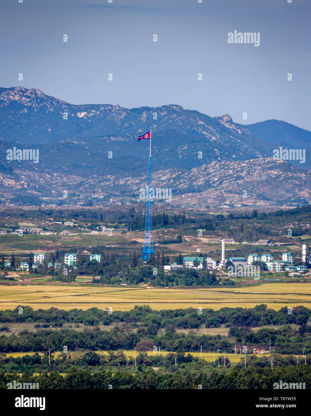 The North Korean flag flies over the village of Kijong-dong Stock Photo