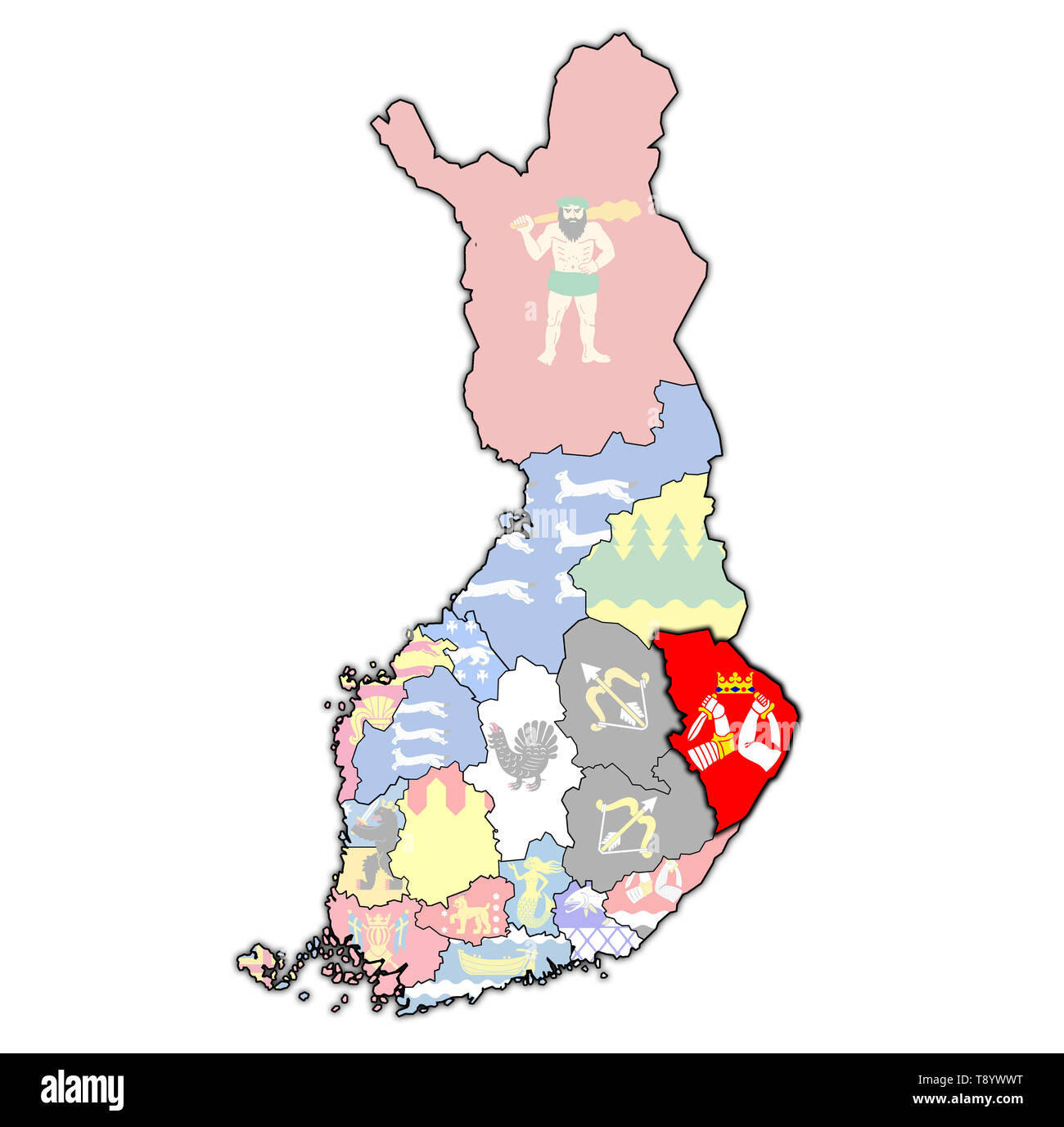 territory of North Karelia region on map of administrative divisions of Finland with clipping path Stock Photo