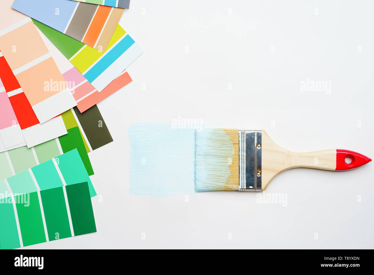 Image of palette with blue and green colors, brushe Stock Photo