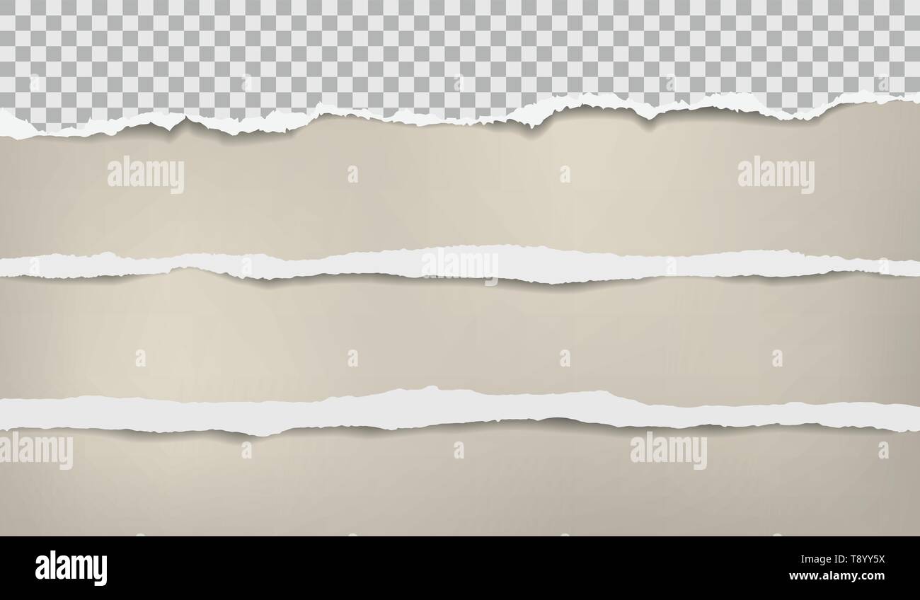 Torn, white and squared horizontal paper strips with soft shadow are on brown background. Vector template illustration Stock Vector