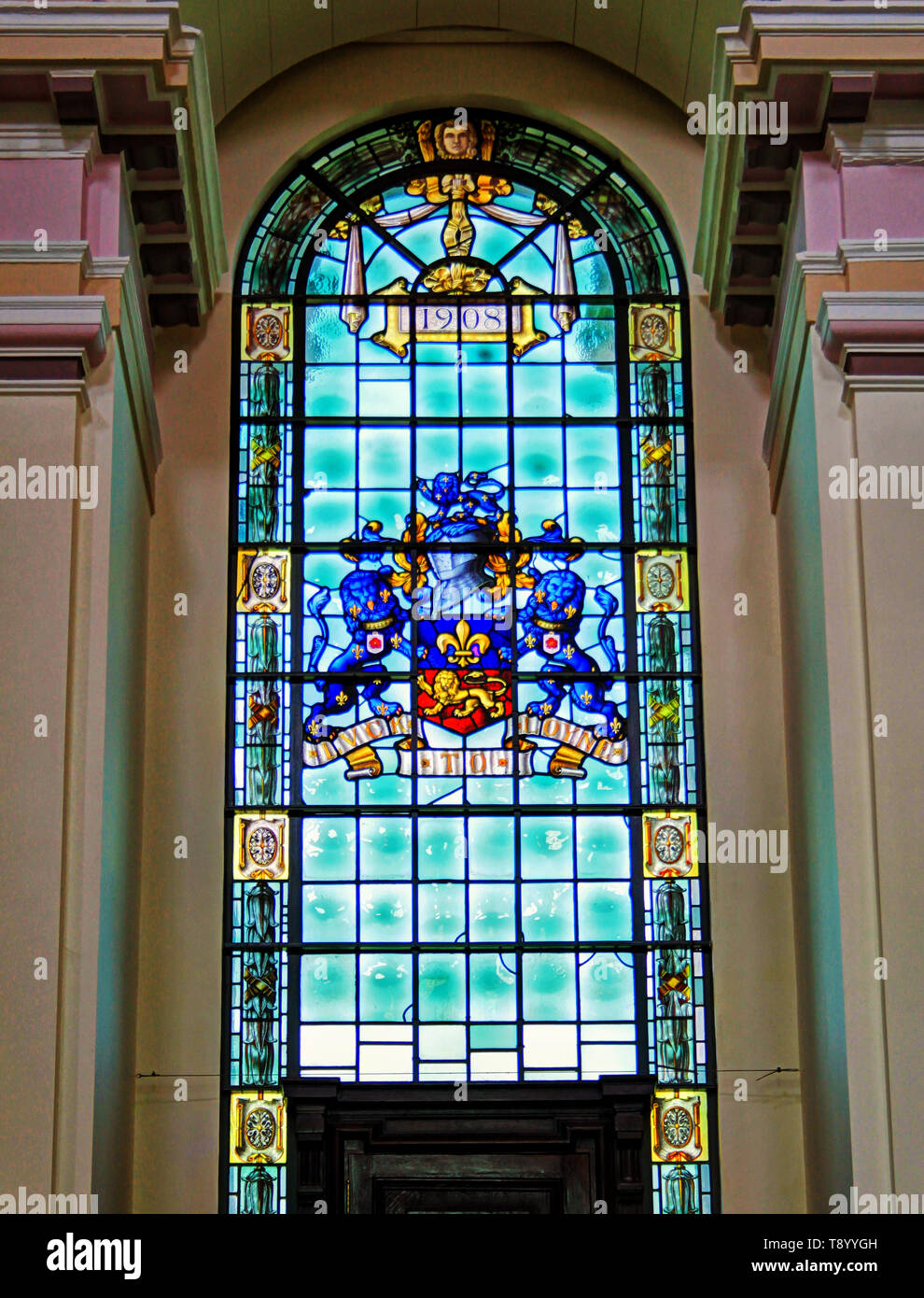 A stained glass window inside the dome of the Ashton Memorial