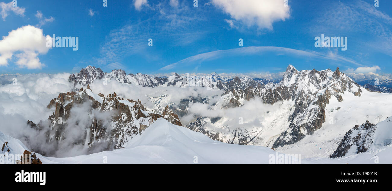 Mont Blanc rocky mountain massif summer view from Aiguille du Midi ...