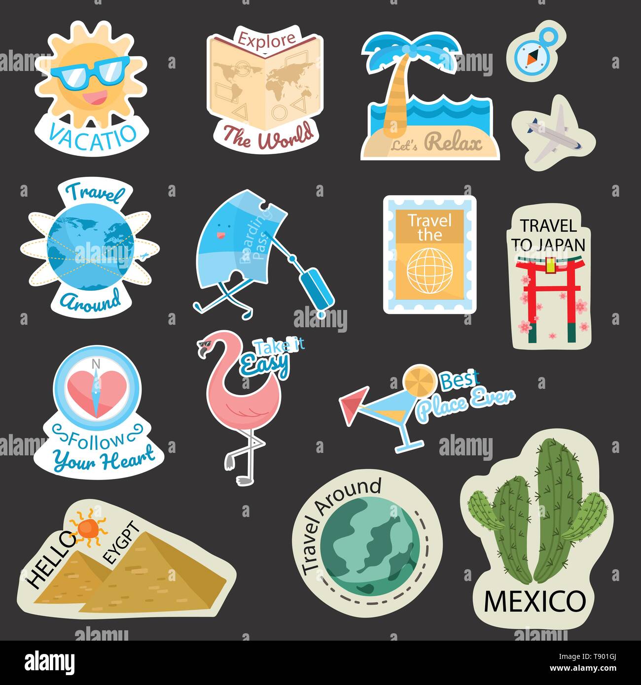 Vector travel sticker and label set with famous countries, cities,  monuments, flags and symbols in retro or vintage style. Includes Italy,  France, Russia, USA, England, India, Japan etc Stock Vector Image 