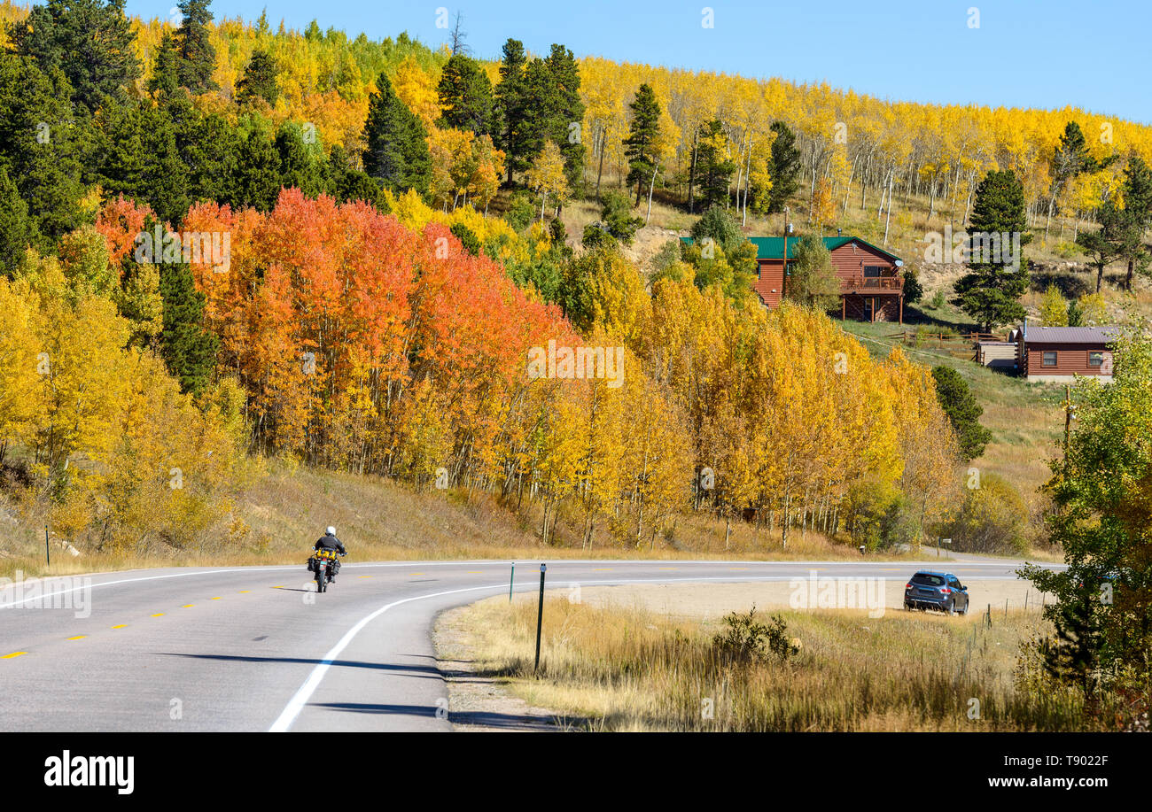 Autumn Mountain Road - An autumn view on CO Highway 119, part of Peak to Peak Scenic Byway, Colorado, USA. Stock Photo