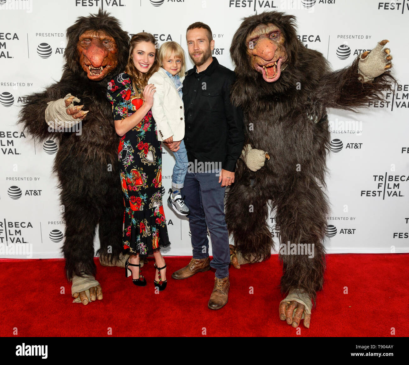 New York, NY - April 27, 2019: Grumblers Boomer and Morse, Bodhi Palmer, Mark Webber and Nicole Elizabeth Berger attend the premiere of the 'The Place Stock Photo