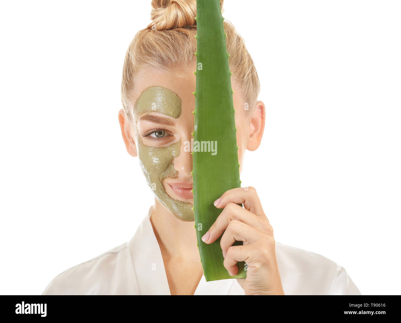 Download Beautiful Young Woman With Facial Mask Containing Aloe Vera Extract On White Background Stock Photo Alamy PSD Mockup Templates