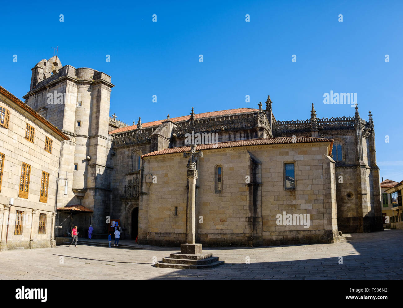 Pontevedra , Spain - May 12, 2019: Tourists and pilgrims roam the streets where magnificent buildings are situated in the historic Spanish city, Ponte Stock Photo
