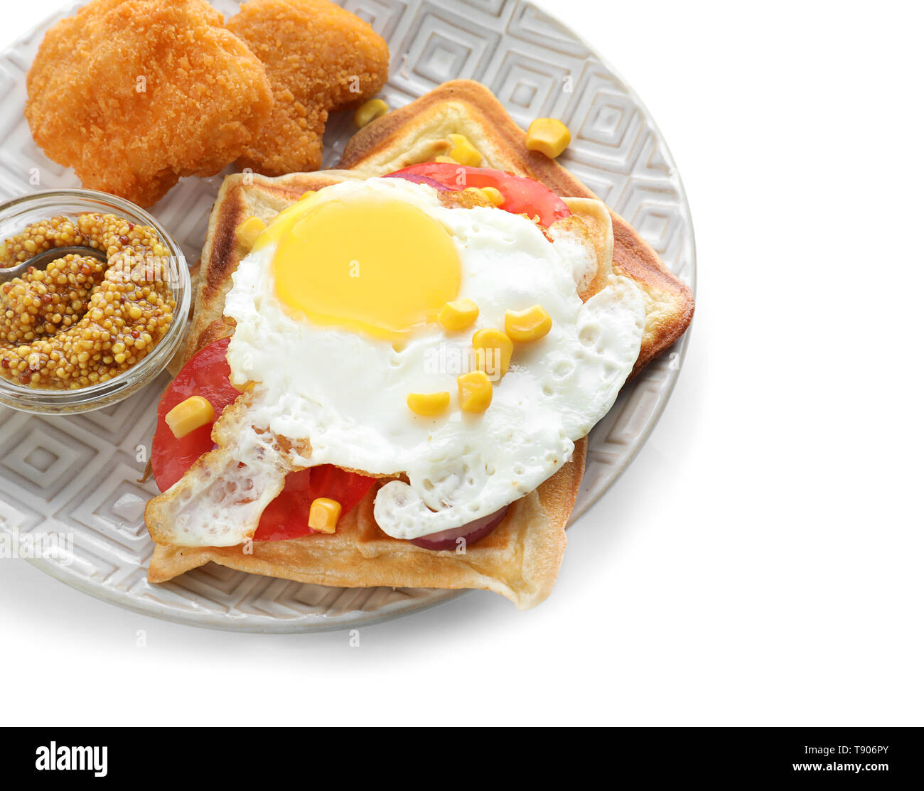 Delicious Waffles With Chicken Nuggets Mustard And Fried Egg On Plate Isolated On White Stock Photo Alamy