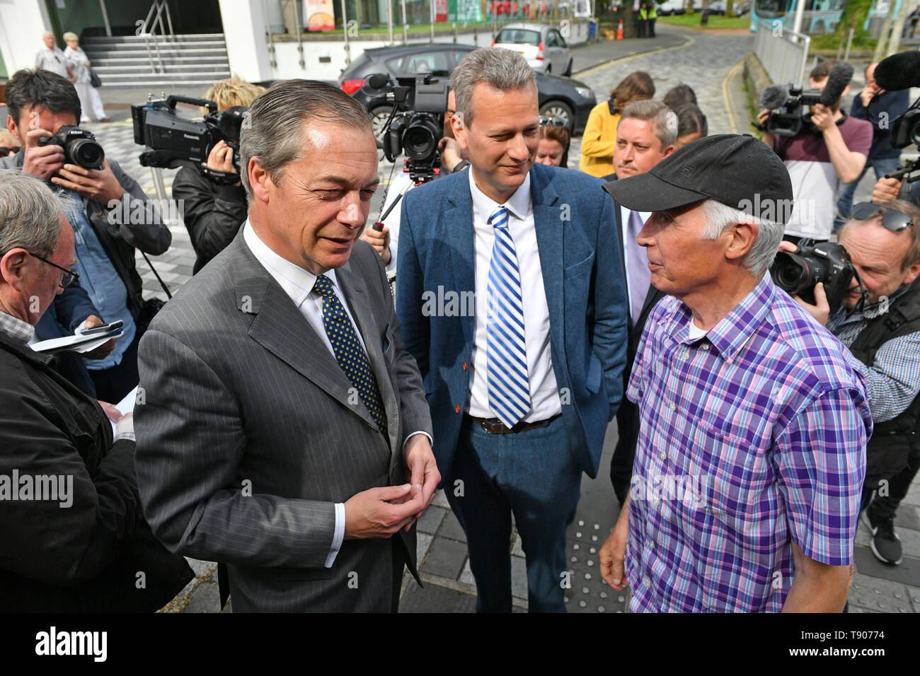 Brexit Party leader Nigel Farage during a walkabout in Merthyr Tydfil, Wales. Stock Photo