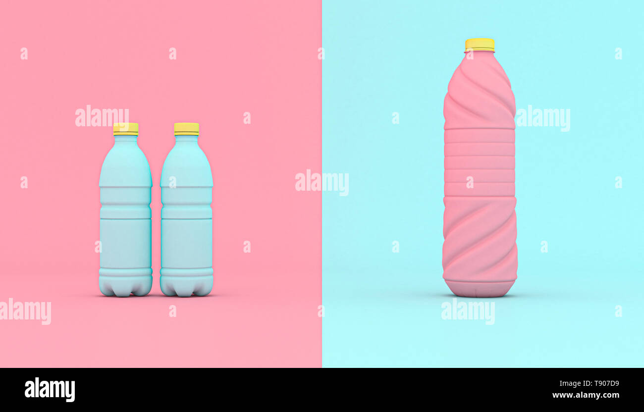 Stylized plastic bottles on a blue and pink background. 3d render image. Stock Photo