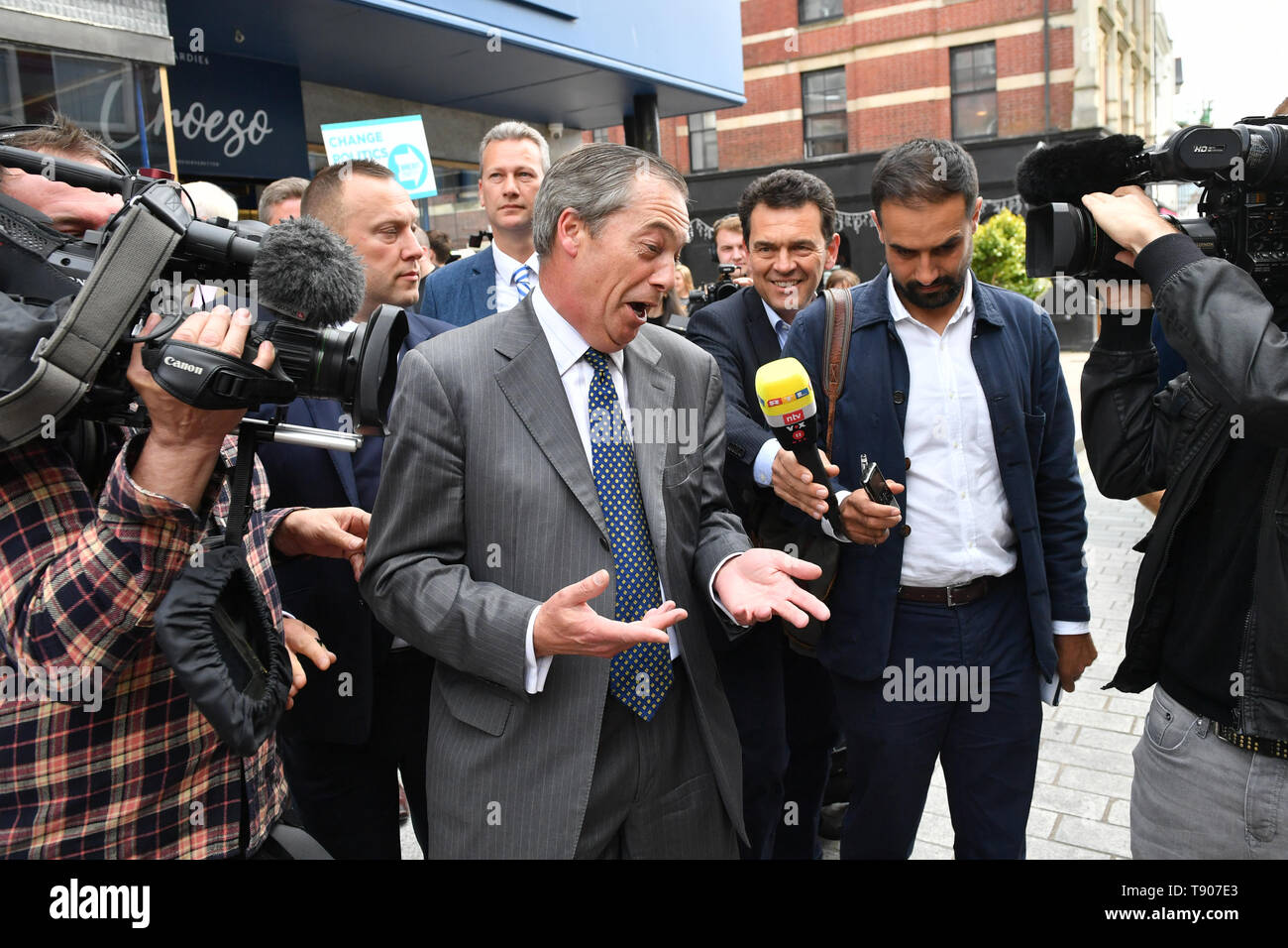 Brexit Party leader Nigel Farage during a walkabout in Merthyr Tydfil, Wales. Stock Photo