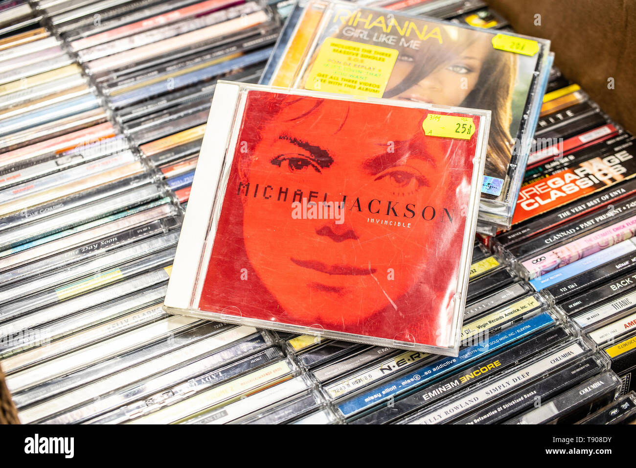 Nadarzyn, Poland, May 11, 2019: Michael Jackson CD album Invincible 2001 on display for sale, famous American musician and singer, collection of CDs Stock Photo