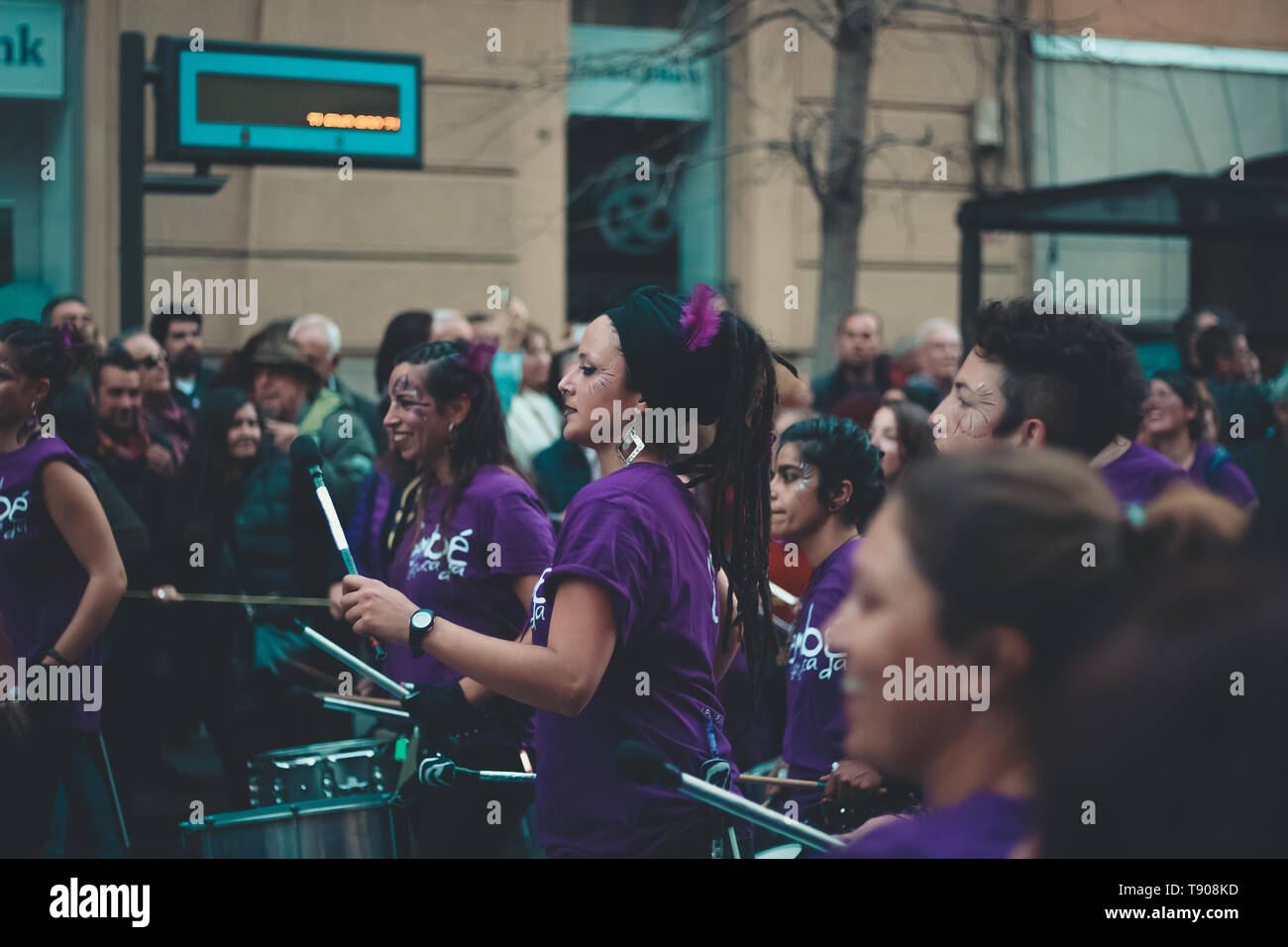 Granada, Spain - March 08, 2019: Women, men and children together celebrating international women´s day om a centrical avenue. Stock Photo