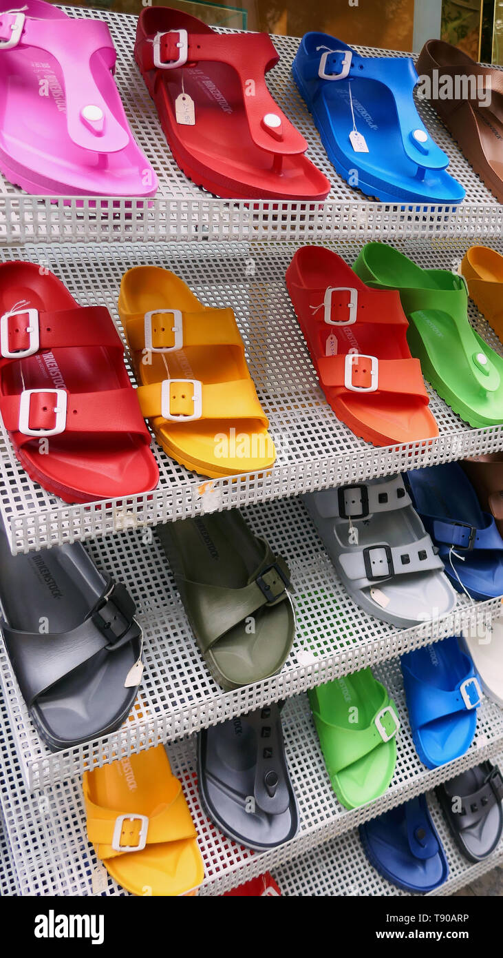 Colorful Birkenstock Sandals for Sale on Rack, Close-up Stock Photo - Alamy