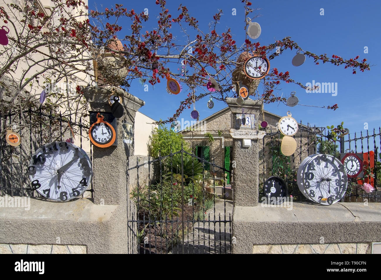 Yearly Flower festival, this time with Alice In Wonderland theme on a sunny day of spring on May 1, 2019 in Costitx, Mallorca Stock Photo
