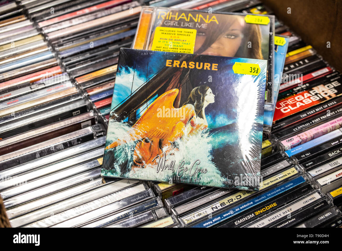 Nadarzyn, Poland, May 11, 2019: Erasure CD album World Be Gone 2017 on display for sale, famous English synthpop duo, collection of CD music albums Stock Photo