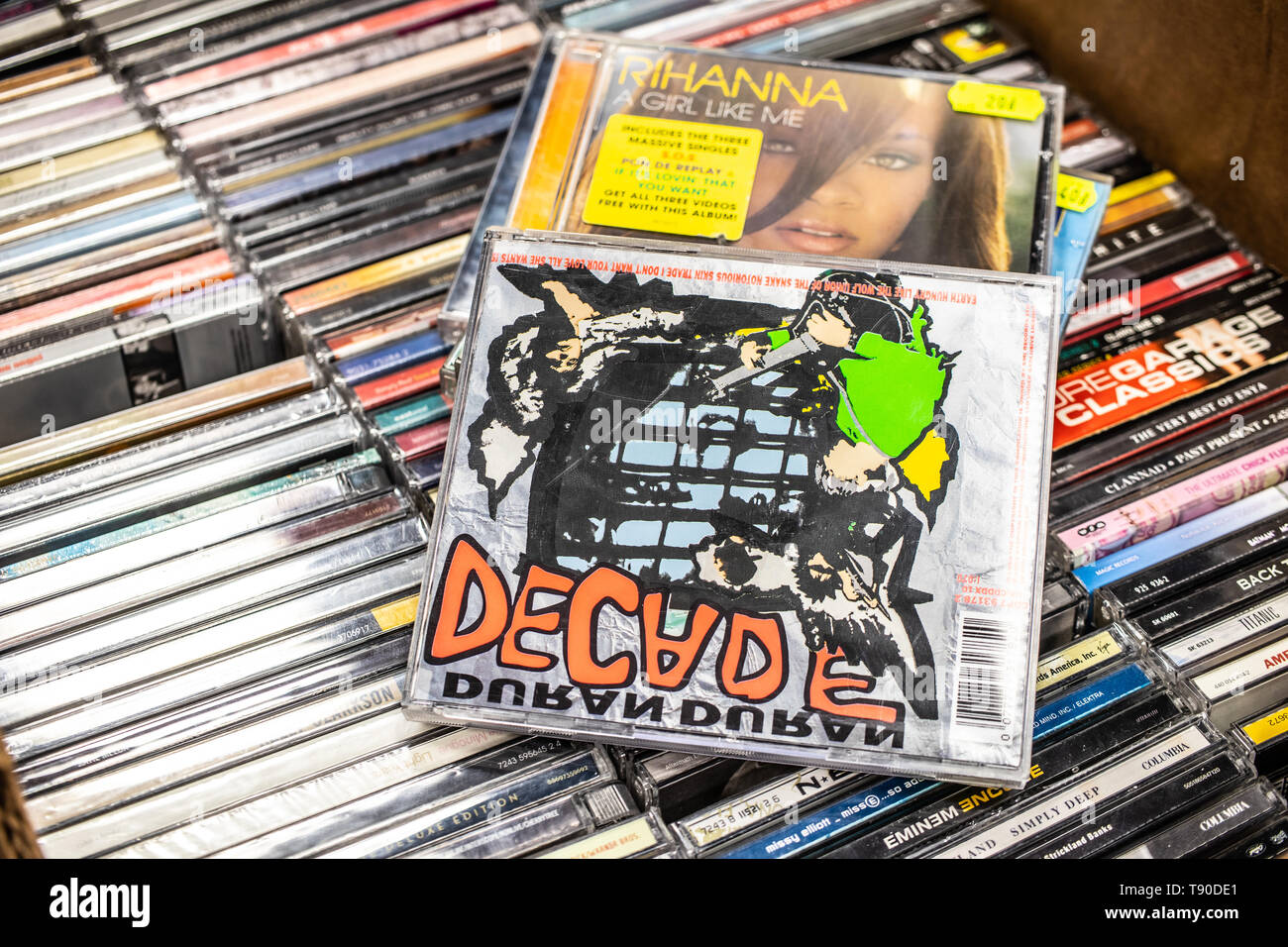 Nadarzyn, Poland, May 11, 2019: Duran Duran CD album Decade: Greatest Hits on display for sale, famous English new wave band, collection of CD music Stock Photo