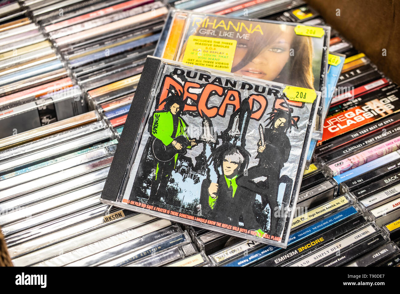 Nadarzyn, Poland, May 11, 2019: Duran Duran CD album Decade: Greatest Hits on display for sale, famous English new wave band, collection of CD music Stock Photo