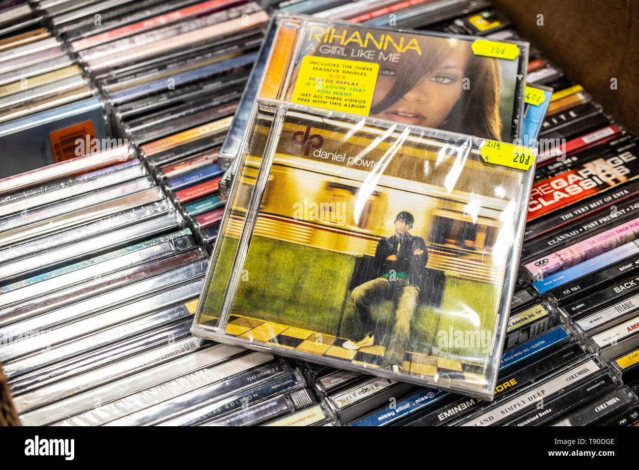Nadarzyn, Poland, May 11, 2019: Daniel Powter CD album DP 2005 on display for sale, famous Canadian musician and singer, collection of CD music albums Stock Photo
