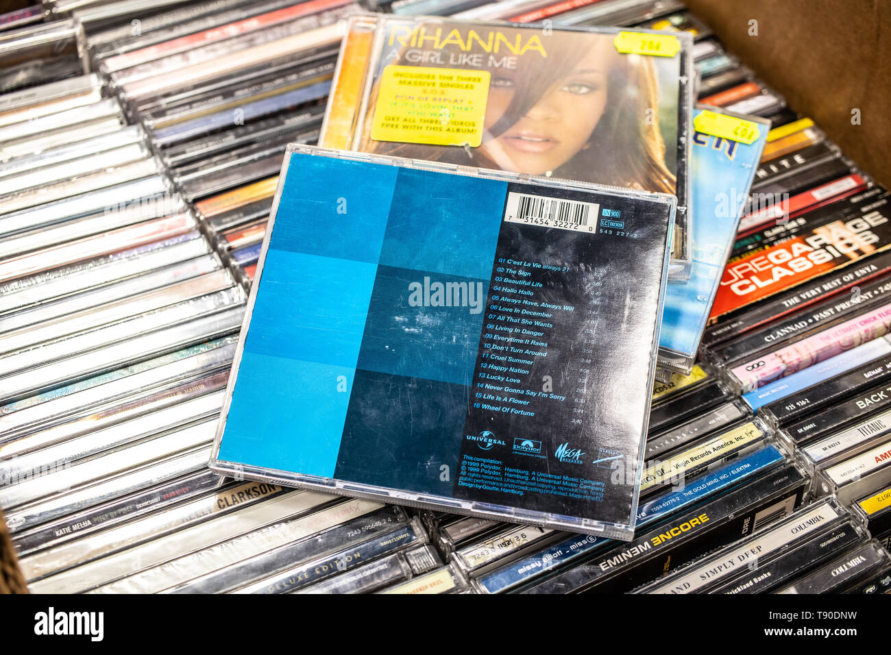 Nadarzyn, Poland, May 11, 2019: Ace of Base CD album Singles of the 90s on display for sale, famous Swedish pop group, collection of CD music albums Stock Photo