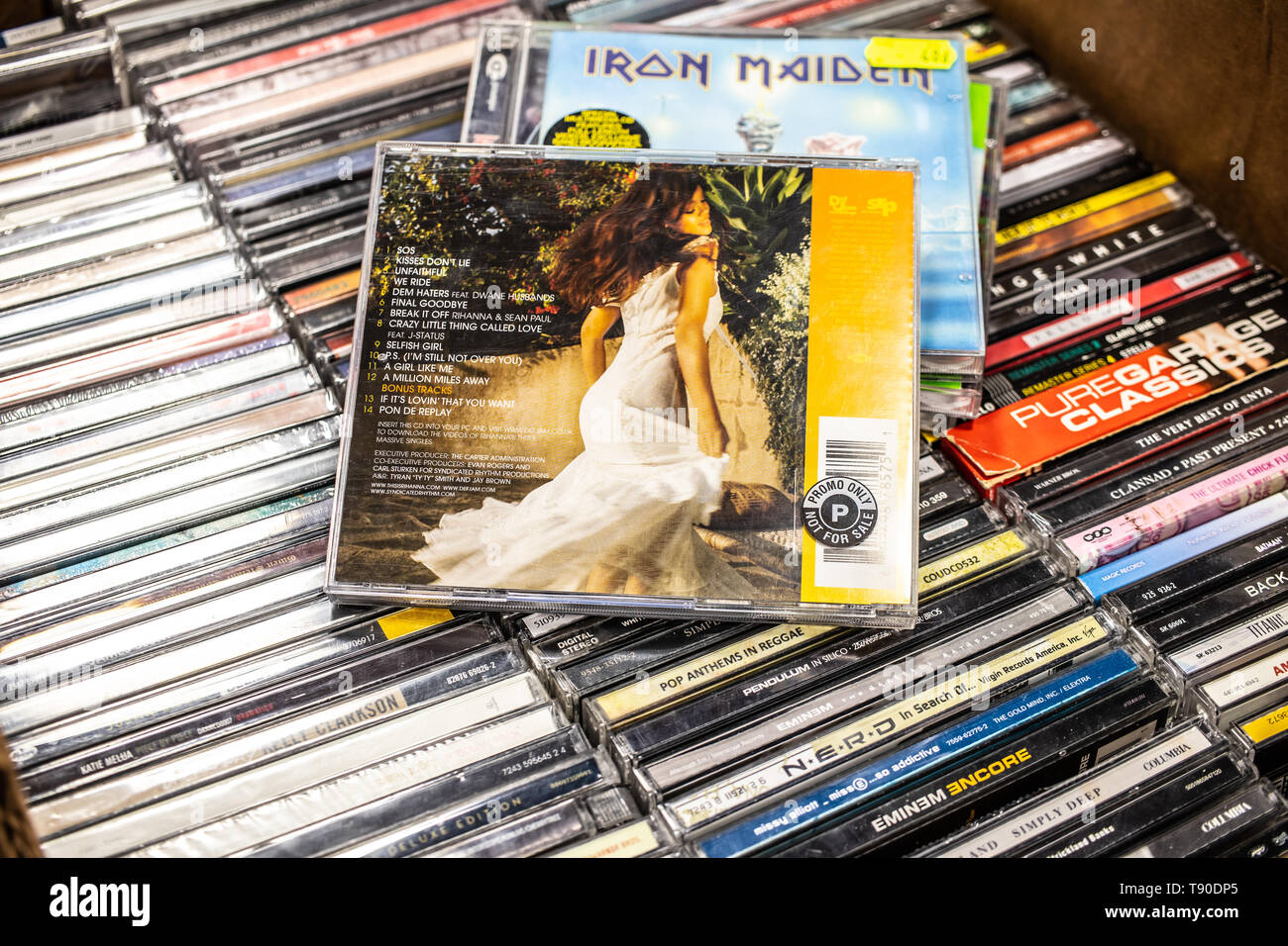 Nadarzyn, Poland, May 11, 2019: Rihanna CD album A Girl like Me 2006 on display for sale, famous Barbadian singer, businesswoman and actress, Stock Photo