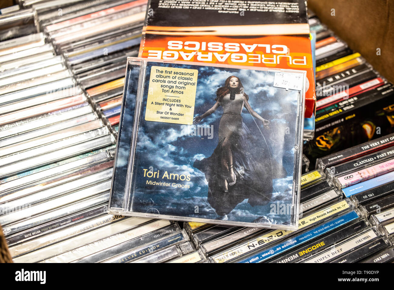 Nadarzyn, Poland, May 11, 2019: Tori Amos CD album Midwinter Graces 2009 on display for sale, famous American singer-songwriter and pianist, Stock Photo