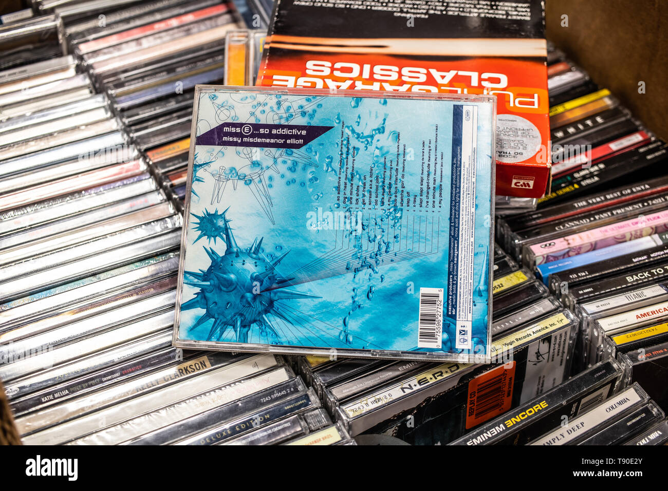 Nadarzyn, Poland, May 11, 2019: Missy Misdemeanor Elliott CD album MissE So Addictive 2001 on display for sale, famous American rapper, singer Stock Photo