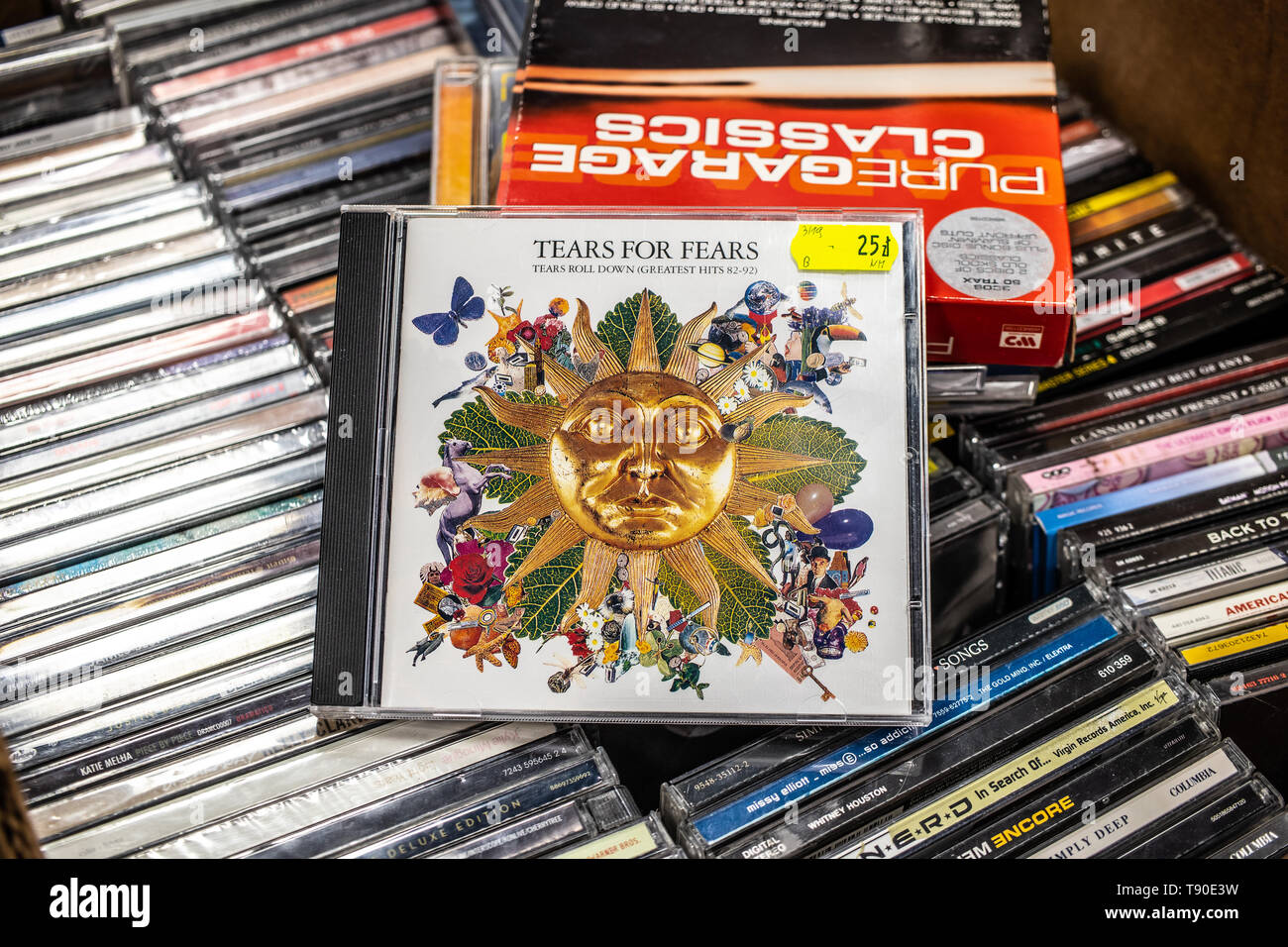 Nadarzyn, Poland, May 11, 2019: Tears for Fears CD album Tears Roll Down (Greatest Hits 82-92) on display for sale, famous English pop rock band Stock Photo