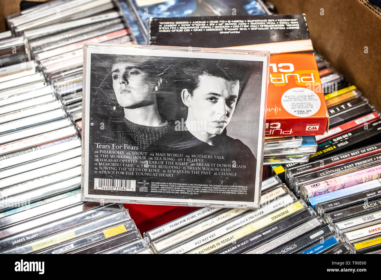 Nadarzyn, Poland, May 11, 2019: Tears for Fears Collections CD album on display for sale, famous English pop rock band by Orzabal and Curt Smith Stock Photo