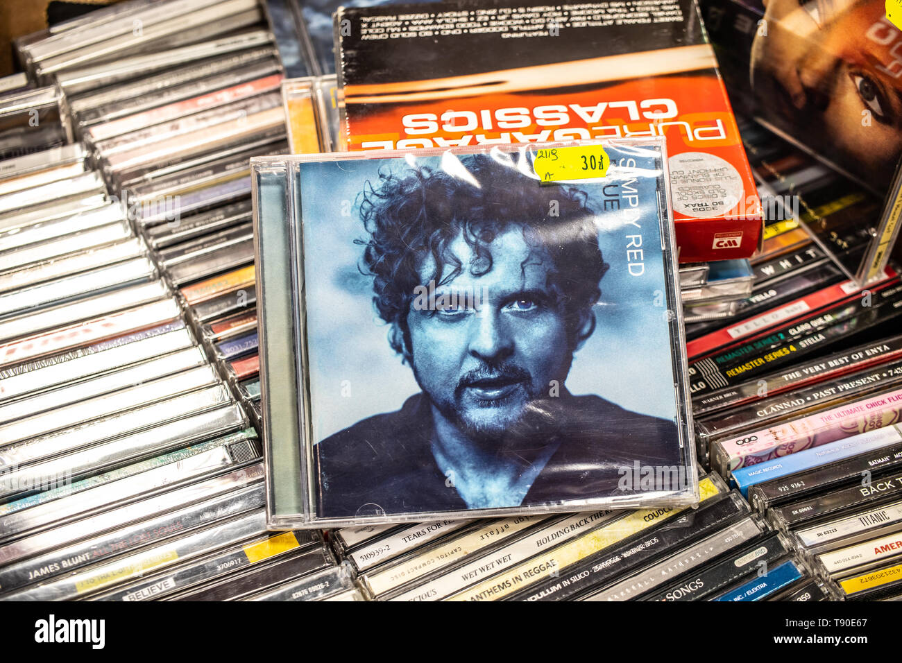 Nadarzyn, Poland, May 11, 2019: Simply Red BLUE CD album on display for sale, famous British soul and pop band, lead singer Mick Hucknall, collection Stock Photo